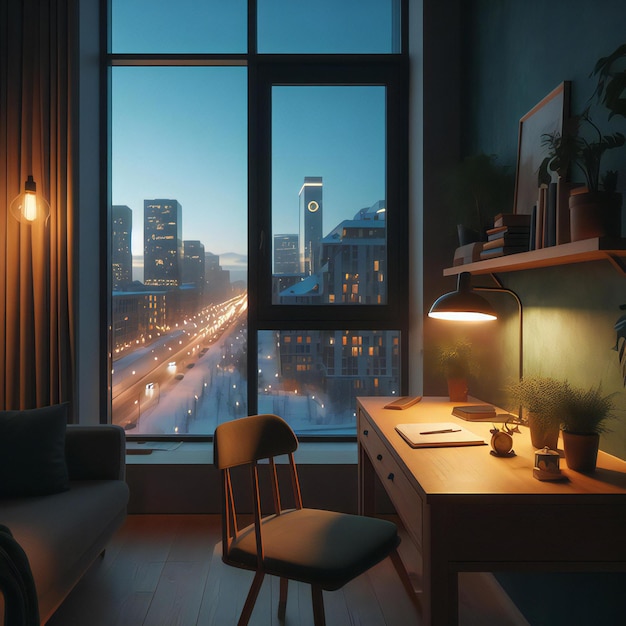 une pièce avec une vue sur une ville et un paysage urbain en arrière-plan