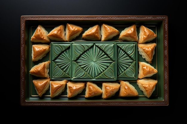 Photo pièces de baklava traditionnelles disposées géométriquement sur un plateau décoratif