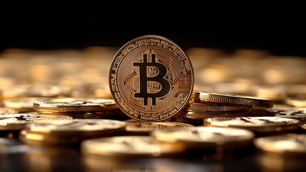 Des pièces de Bitcoin sur un fond sombre