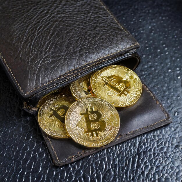 Photo les pièces de bitcoin sont placées à l'intérieur et à l'extérieur du sac en cuir noir