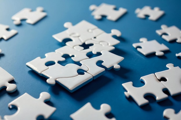 Les pièces bleues du puzzle d'une scène éparpillée