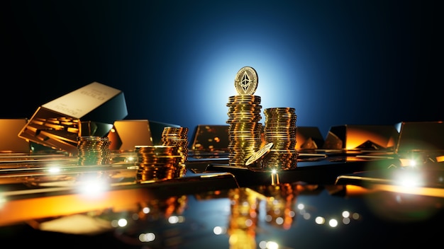 Pièces de crypto-monnaie Ethereum entourées de lingots d'or