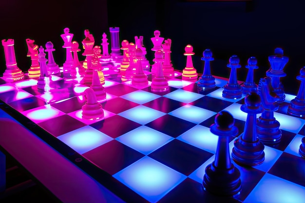 Pièces d'échecs au néon en action avec des mouvements ultra-rapides créés avec une IA générative