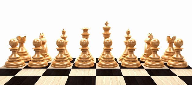 Pièces d'échecs blanches placées sur un échiquier rendu 3D d'échecs