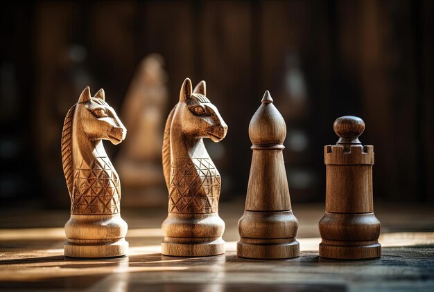 pièces d'échecs en bois à bord à la lumière du soleil dans le style de représentations d'animaux