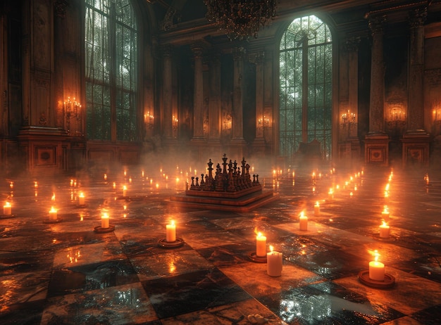 Des pièces d'échecs et des bougies dans un château sombre