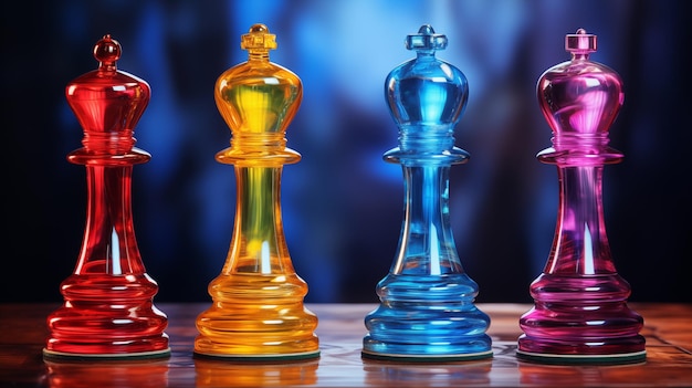 Des pièces d'échecs colorées sur un échiquier