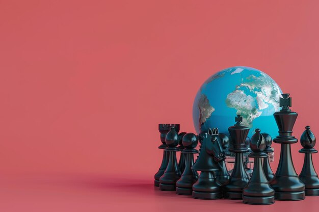 Photo pièces d'échecs et globe dans le concept de stratégie mondiale ou de diplomatie