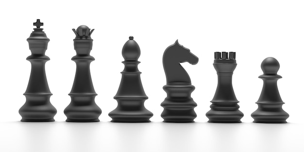 Pièces d'échecs noires isolées sur fond blanc illustration 3d