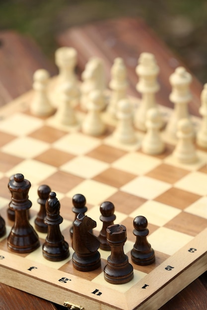 Pièces d'échecs et plateau de jeu sur fond de nature