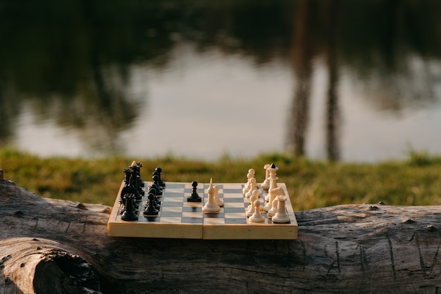 pièces d'échecs sur une table dans le parc