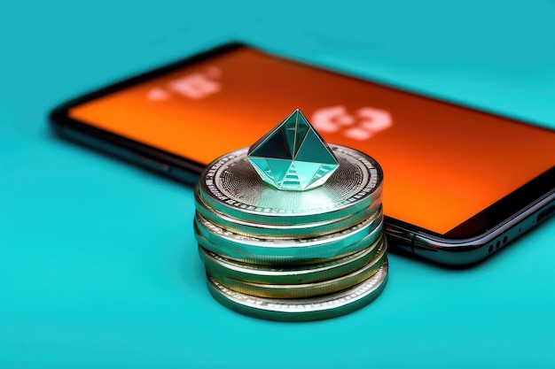 Pièces Ethereum à côté d'un smartphone Generative AI