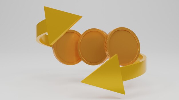 Pièces flottant avec des flèches d'or dans un fond blanc isoléCashback et retour dans les achats en ligne Illustration de rendu 3D Concept