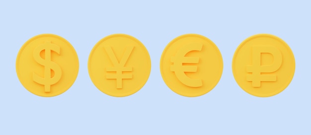 Les pièces jaunes sont Dollar et Yuan Euro et roubles Rendu 3D Vue Fullface