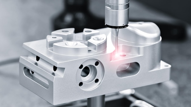 Pièces métalliques de dimension d'inspection d'opérateur par CMM après processus d'usinage dans l'usine industrielle