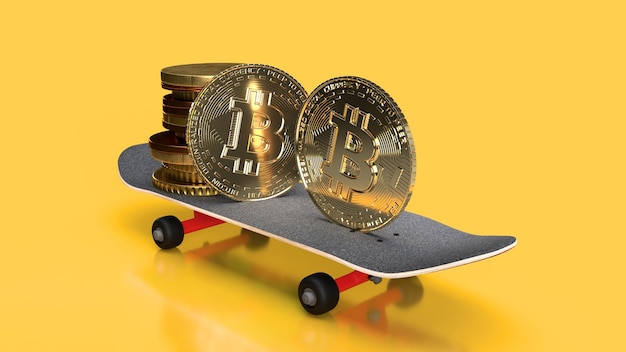 Les pièces de monnaie bitcoin d'or de rendu 3d descendent sur un fond jaune de planche à roulettes