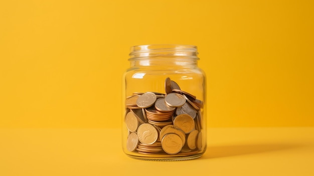 pièces de monnaie dans un pot d'argent sur fond jaune