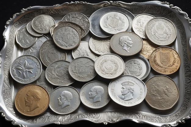 Photo des pièces de monnaie de différents pays sur un plateau d'argent