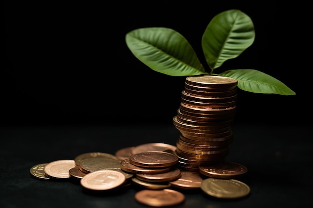 Pièces de monnaie, feuilles et arbres dans l'ombre