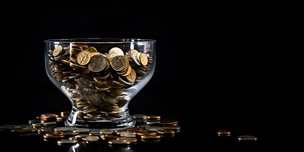 pièces de monnaie à l'intérieur d'une tasse de verre macro ai conception générative