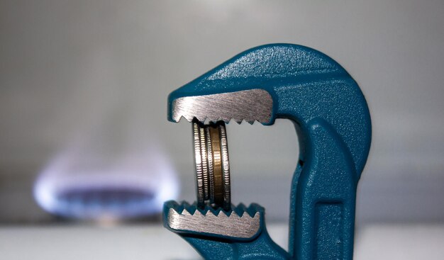 Pièces de monnaie en métal dans une clé sur fond de flamme de gaz brûlante Le concept du coût du gaz Croissance et augmentation du prix du gazPièces de monnaie dans une clé sur fond de flamme de gaz
