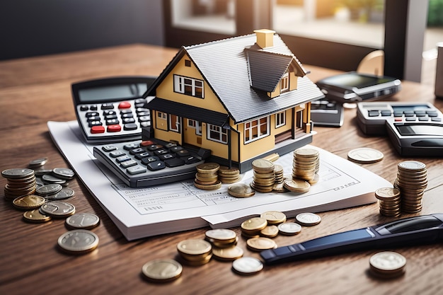 Pièces de monnaie de modèle de maison et calculatrice sur la table Concept d'investissement immobilier hypothécaire Ai