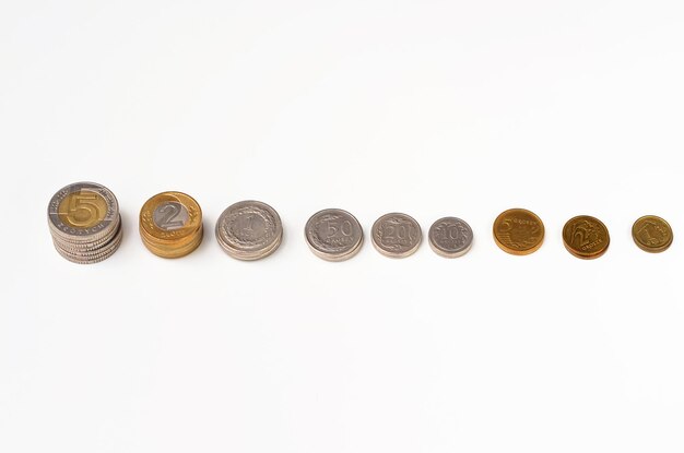 Pièces de monnaie polonaises d'argent sur un fond blanc