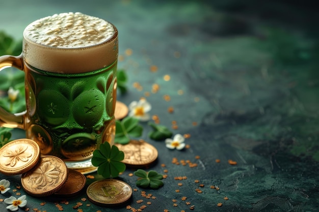 Des pièces d'or de bière verte et des symboles de trèfle de la célébration de la fête de Saint-Patrick