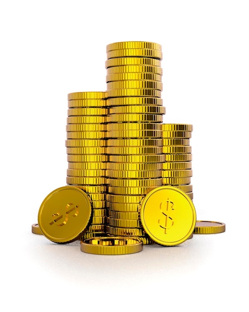 Photo des pièces d'or avec des bitcoins et des cions sur un fond noir isolé.