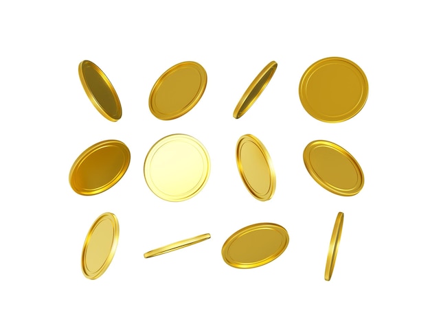 Des pièces d'or brillantes et arrondies tombent sur un fond blanc Illustration 3D