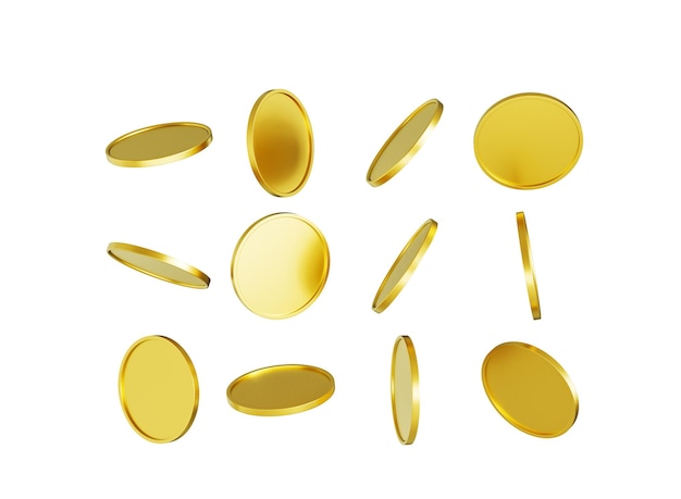 Des pièces d'or brillantes et arrondies tombent sur un fond blanc Illustration 3D