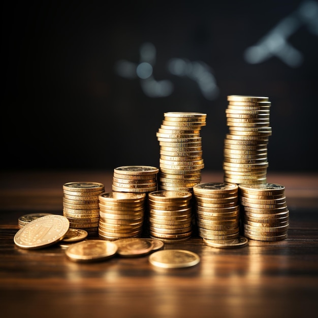 Pièces d'or sur un bureau en bois sur fond noir, ce qui signifie la croissance