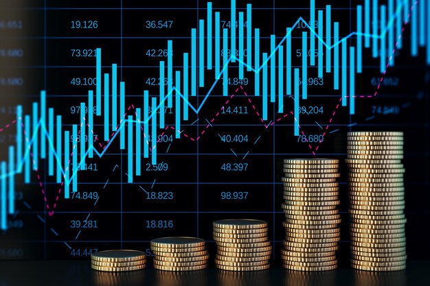 Pièces d'or empilées avec un graphique forex bleu croissant sur fond sombre Marché boursier et concept commercial Rendu 3D