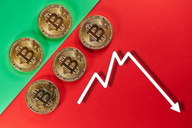 Pièces d'or physiques de bitcoins sur fond vert rouge, collage avec le calendrier. La montée et la chute du concept de crypto-monnaie numérique