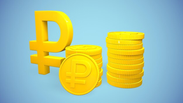 Pièces d'or avec le signe du rouble mis en évidence sur le fond 3drendering