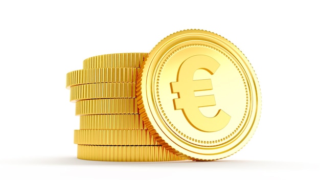 Photo pièces d'or avec signe euro isolé sur fond blanc rendu 3d