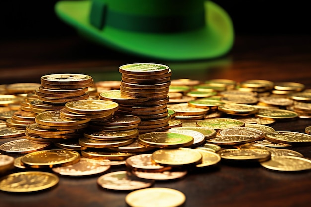 Des pièces d'or de St. Patrick dans un chapeau vert.