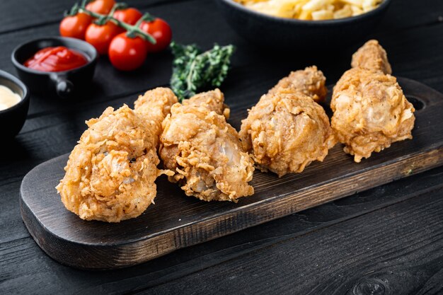 Pièces de pilon de poulet pané kentucky sur table en bois noir