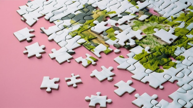 Photo des pièces de puzzle blanches sur du rose.