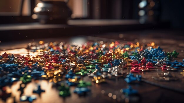 Pièces de puzzle de différentes couleurs sur une table en bois IA générative