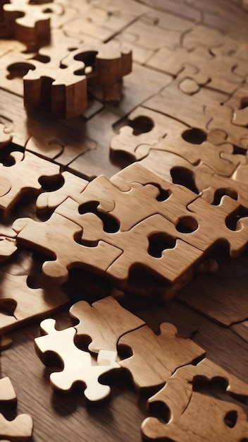 Pièces de puzzles sur la surface d'une table en bois