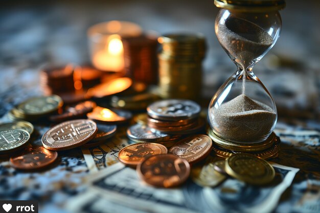 Les pièces et le sablier sur la table Le concept du temps et de la richesse