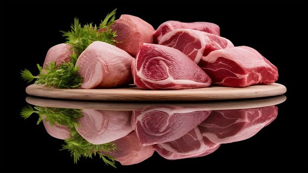 Pièces de viande crue fraîche isolées sur une planche de pierre noire à vue latérale en miroir