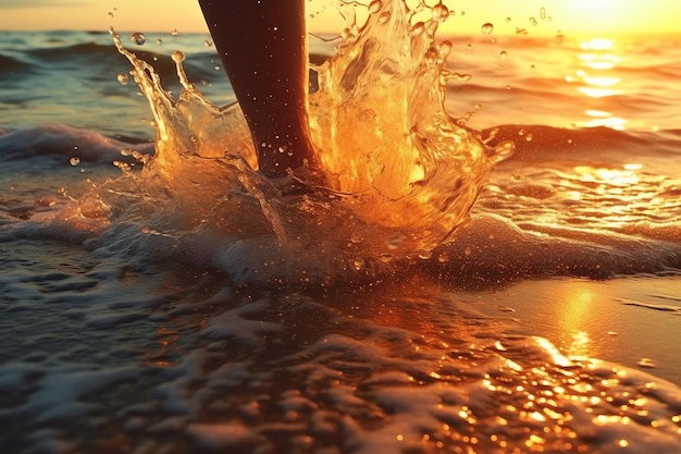 Photo pied éclaboussant le coucher du soleil à la mer