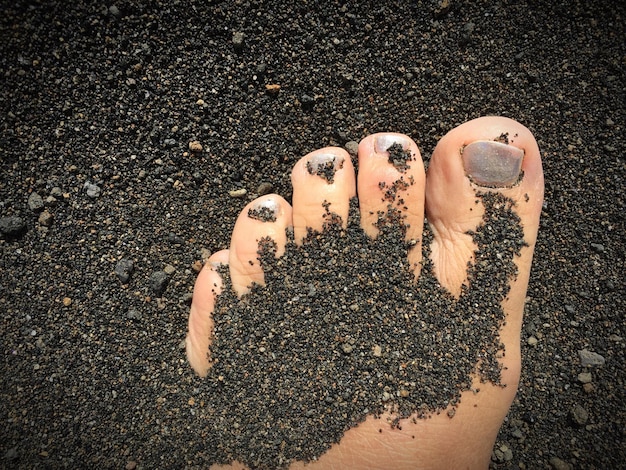 Un pied de femme coupé dans le sable de la plage