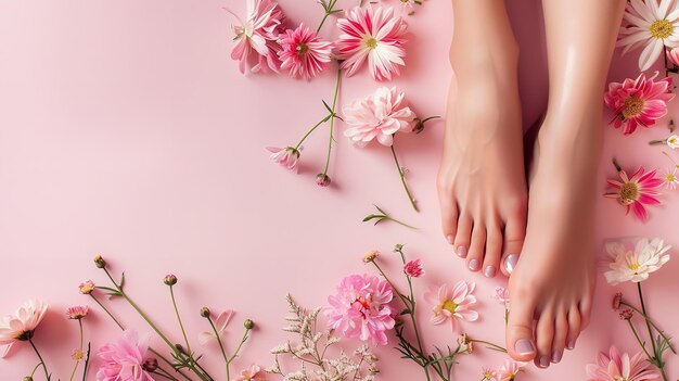 Le pied d'une jeune femme exquisement élevée avec des fleurs sur un décor rose pastel et l'espace IA générative