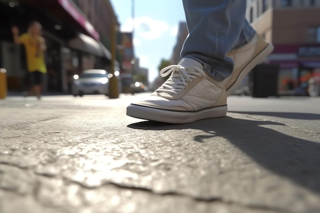 Un pied marchant sur un trottoir de la ville animée wallpaper