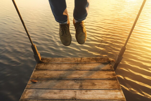 Pied suspendu au bord d'un lac serein de la jetée