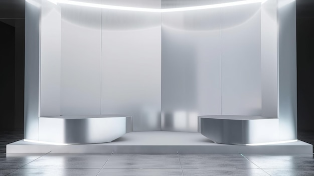 Piédestal argenté 3D avec un support néon moderne sur fond blanc idéal pour une utilisation comme scène d'exposition ou étagère de produits