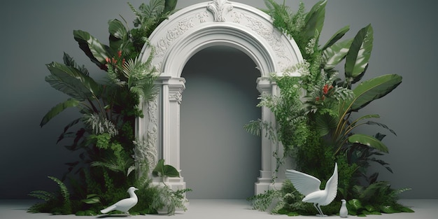 un piédestal blanc entouré de plantes et de feuillage dans le style de 3D